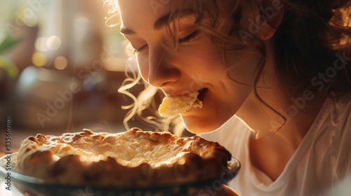 A woman is enjoying a piece of freshly baked pie on a tartan plate  savoring the flaky crust and tasty filling as she chews with satisfaction AIG50