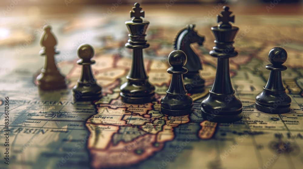 Chess pieces strategically placed on a world map - A conceptual shot of black chess pieces on an antique world map, symbolizing global strategy, travel, and geopolitical games Chess pieces strategically placed on a world map - A conceptual shot of black chess pieces on an antique world map, symbolizing global strategy, travel, and geopolitical games