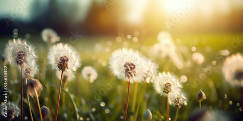 Dandelions in meadow. Field of dandelions on a sunny summer day. Beautiful summer nature background