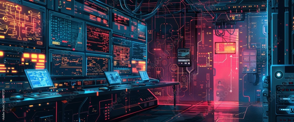 Data Networks In A Cyberpunk Aesthetic, Cartoon Style, Background Data Networks In A Cyberpunk Aesthetic, Cartoon Style, Background