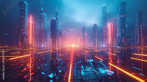 Futuristic Cityscape: a futuristic cityscape with advanced architecture, flying vehicles, and neon lights, ideal for sci-fi projects and digital art.