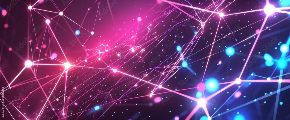Data Nodes Connected By Neon Lines, Cartoon Style, Background Data Nodes Connected By Neon Lines, Cartoon Style, Background