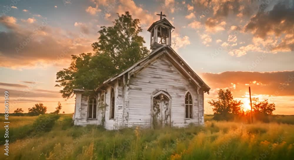 Haunting Beauty of an Old Chapel on the Prairie at Sunset Haunting Beauty of an Old Chapel on the Prairie at Sunset