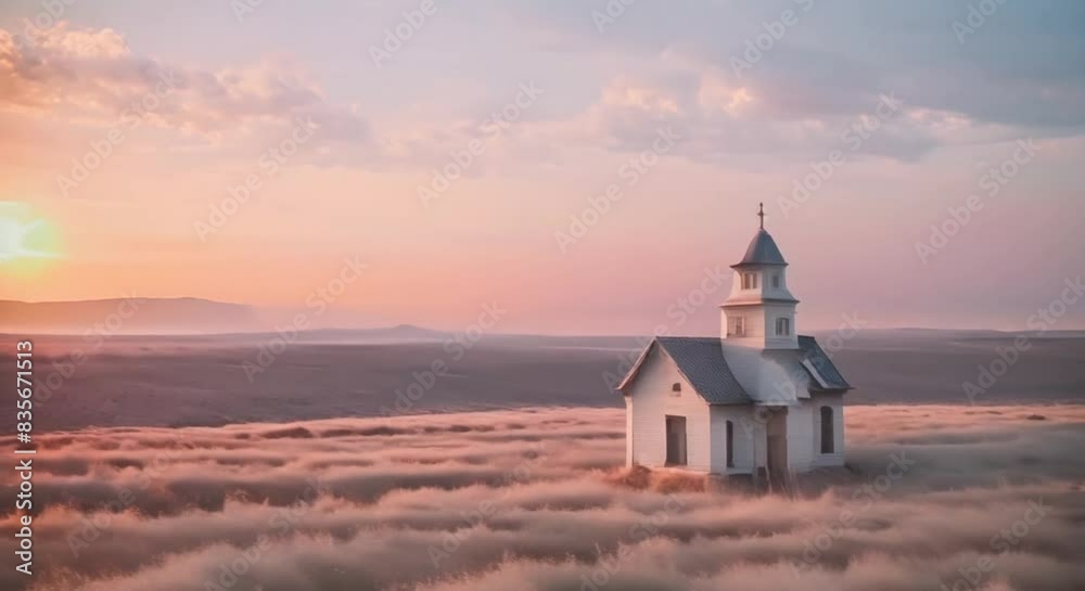 Serene Sunset Over an Abandoned White Wooden Chapel Serene Sunset Over an Abandoned White Wooden Chapel