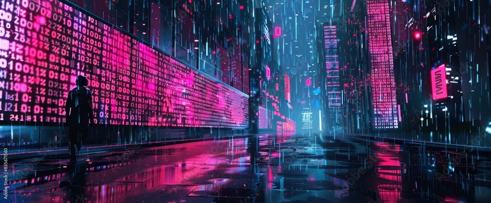 Fototapeta premium Digital Data Rain In A Cyberpunk Setting, Cartoon Style, Background