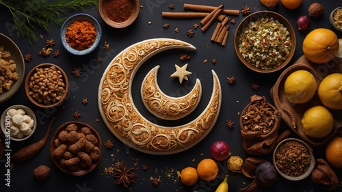 Decorative Moon Amidst an Assortment of Herbs  Nuts  and Fruits