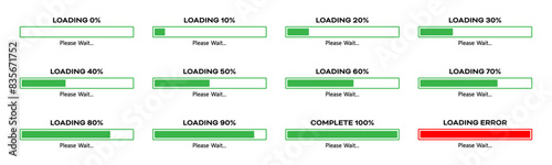 Loading please wait progress bar set with 0-100% in green color. Percentage loading bar infographic icon set 0-100% in blue color. Set of percentage loading bar 10%, 20%, 70, 90%, 100% slider.