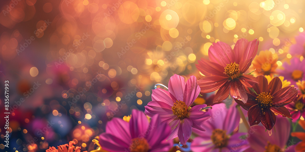 Obraz premium Cosmos Flowers in Sunset Light | Vibrant Floral Scene with Bokeh Background