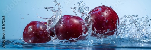Plum fruit and water splash. captured with highspeed photography as they break through the waters surface. 