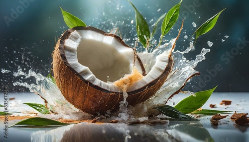 Fresh Coconut with Leaves Exploding into Pieces on White Background photo