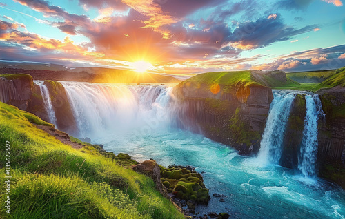 A beautiful landscape of the majestic waterfalls in Iceland  with colorful sky and green grass