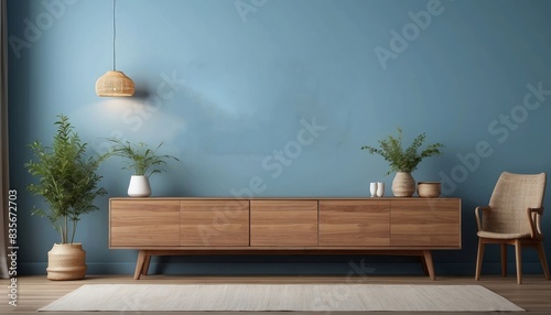 Interior home of living room with TV LED cabinet on empty blue wall copy space mock up, hardwood floor