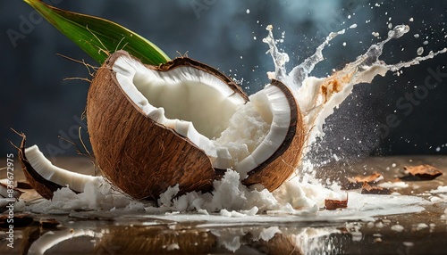 Fresh Coconut with Leaves Exploding into Pieces on White Background, isolated, close up © MAWLOUD