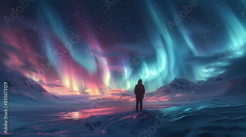 Person standing under Northern Lights in snowy landscape, gazing at colorful aurora borealis with starry sky, capturing nature's breathtaking beauty. © ZethX