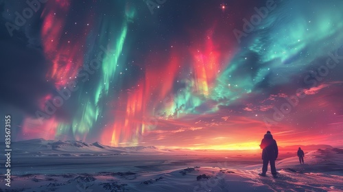 Spectacular Northern Lights with vivid colors illuminating the night sky as two figures stand on a snowy landscape, admiring the view.