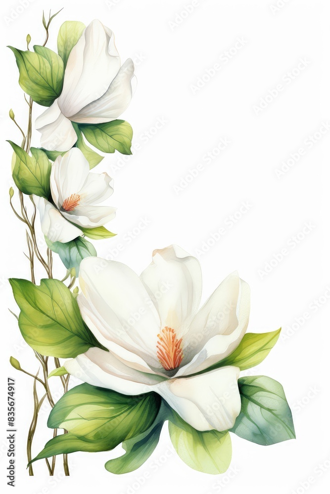 magnolia themed frame or border for photos and text.with large white petals and green leaves. watercolor illustration, white color background. magnolia themed frame or border for photos and text.with large white petals and green leaves. watercolor illustration, white color background.