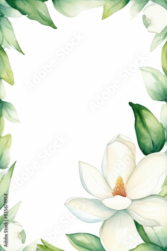 magnolia themed frame or border for photos and text.with large white petals and green leaves. watercolor illustration, white color background. 