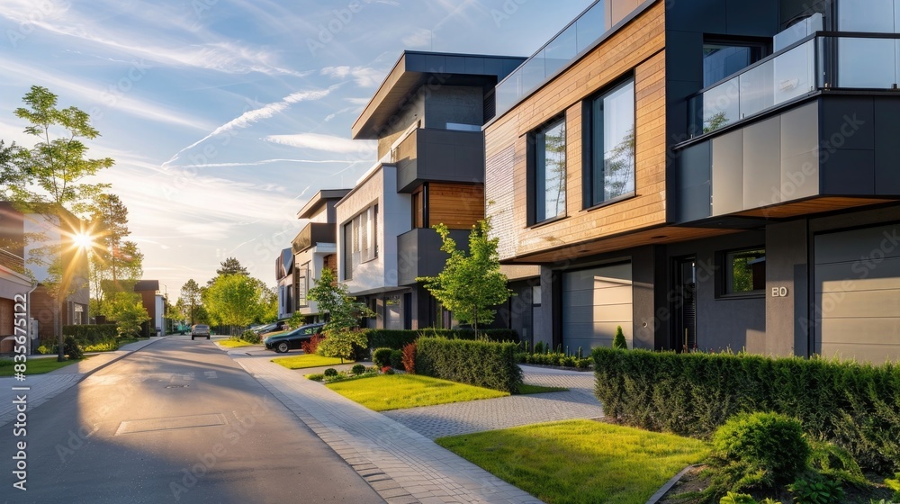 Residential neighbourhood street with modern family homes. Modern architecture houses