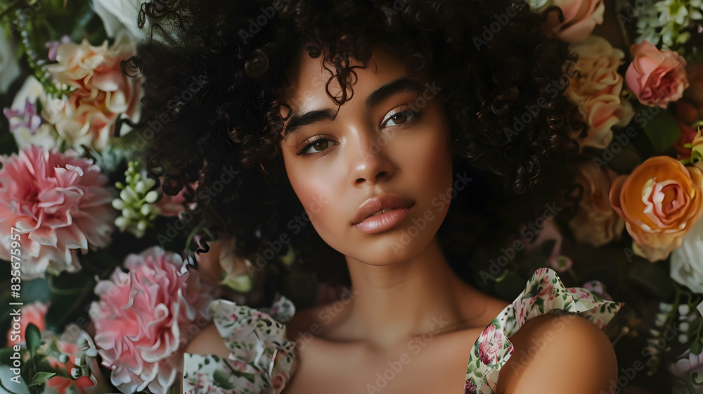 A female model with natural curls, wearing a floral dress, standing in front of a floral backdrop, with soft lighting enhancing the romantic and whimsical feel A female model with natural curls, wearing a floral dress, standing in front of a floral backdrop, with soft lighting enhancing the romantic and whimsical feel
