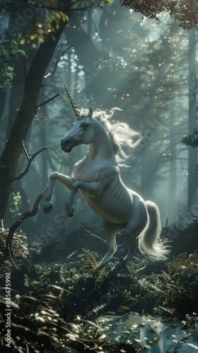 White unicorn with flowing mane and horn in a fairytale forest. Mythical creature concept.