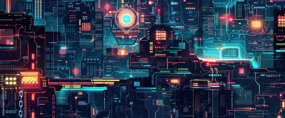 Geometric Data Patterns In A Cyberpunk Aesthetic, Cartoon Style, Background Geometric Data Patterns In A Cyberpunk Aesthetic, Cartoon Style, Background