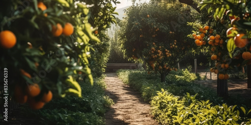 Orange garden. Fresh ripe oranges hanging on trees in orange orchard. Fruit farm in sunny day