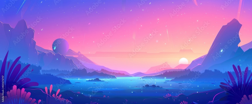 Holographic Data Particles In A Serene Landscape, Cartoon Style, Background Holographic Data Particles In A Serene Landscape, Cartoon Style, Background