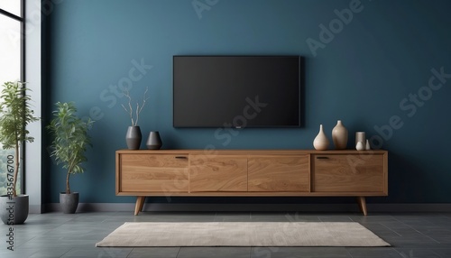 Interior home of living room with TV LED cabinet on pastel dark blue wall, granite floor