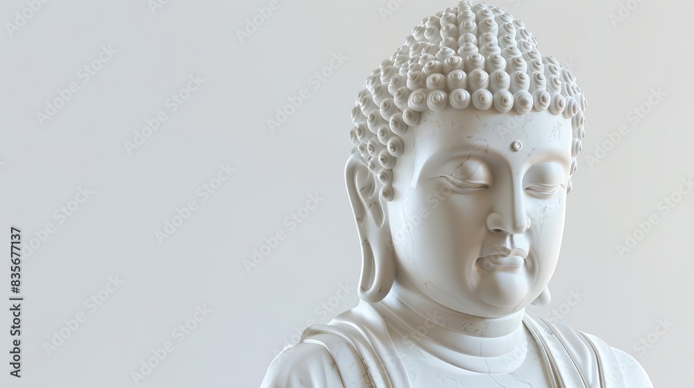 Eye-level angle statue of Buddha, intricately carved marble, isolated on a pristine white background, photorealistic details, soft shadows and highlights, serene and meditative expression Eye-level angle statue of Buddha, intricately carved marble, isolated on a pristine white background, photorealistic details, soft shadows and highlights, serene and meditative expression