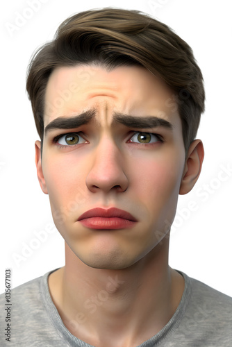 a person glancing sideways with a reluctant expression, lips pressed together, and eyebrows slightly raised. isolated on background photo