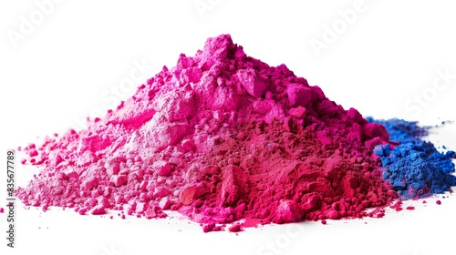 Eye-level view of a striking pink heap, immersed in a variety of colorful Holi powders, set against a clean white background