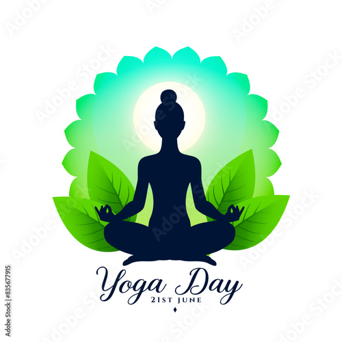 eco friendly yoga day 21st june event poster with green leaves