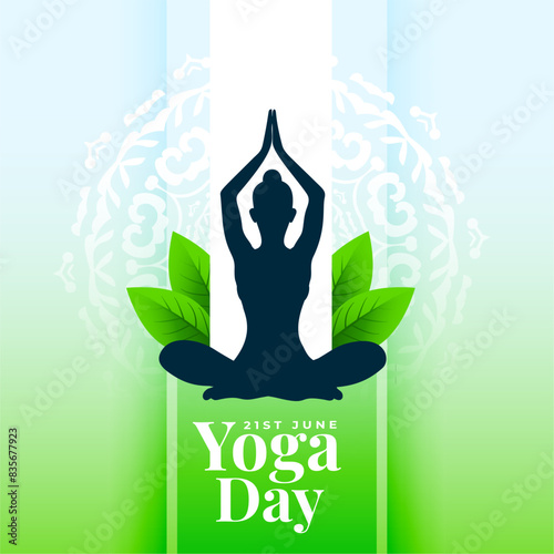 eco friendly yoga day celebration poster, woman practicing yoga with green leaves