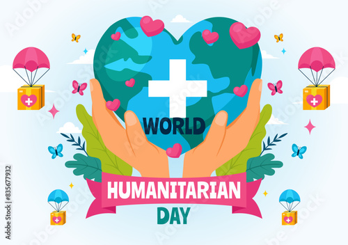 World Humanitarian Day Vector Illustration featuring a Global Celebration of Helping People, Charity, Donations, and Volunteering on a Flat Background