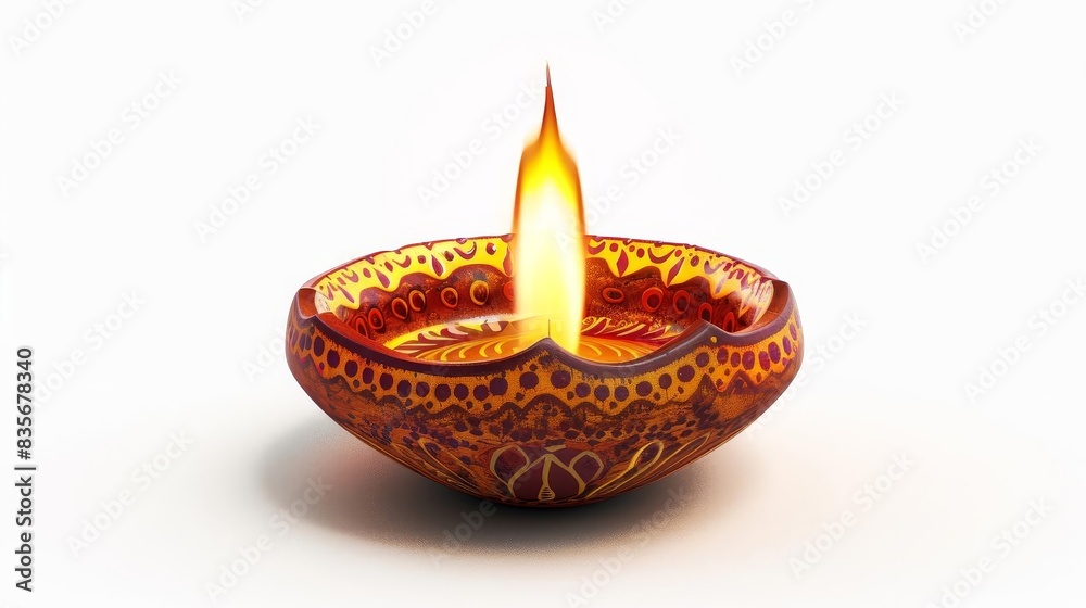 Frontal view of a classic Diwali diya oil lamp, decorated with detailed henna designs, flame flickering gently, isolated on a pure white background, oil painting style Frontal view of a classic Diwali diya oil lamp, decorated with detailed henna designs, flame flickering gently, isolated on a pure white background, oil painting style