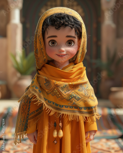 Cartoon, 3D child in national traditional Moroccan outfit.