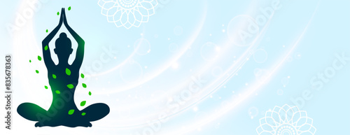 international yoga day banner woman in asana with green leaves