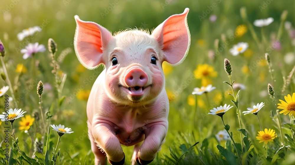 A pig runs through a field of flowers. A pig runs through a field of flowers.