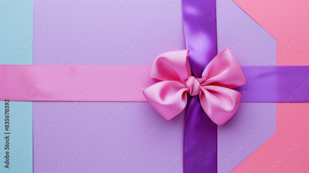 Purple ribbon and pink bow seen from above on a colorful background with space for text Purple ribbon and pink bow seen from above on a colorful background with space for text
