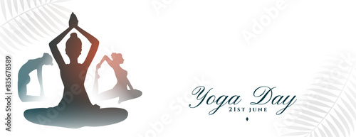 21st june yoga day white banner woman in different asana with leaves