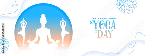 international yoga day white banner woman doing different yoga posture