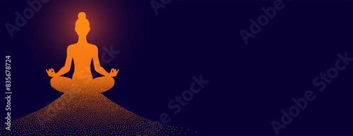 particle style international yoga day purple banner with text space