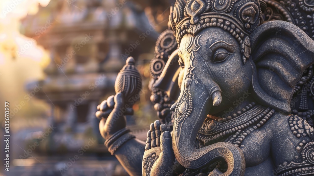 Fototapeta premium Ganesha deity stone statue with elaborate carvings, tilted angle, smooth finish, warm sunlight highlighting details, calming and spiritual feel