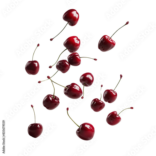 Cherries floating in the air, isolated on transparent background photo