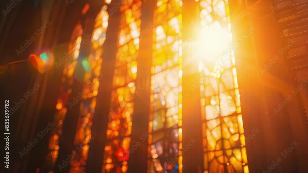 A closeup photo of a restored stained glass window on the facade of a historic church gleaming in the sunlight.