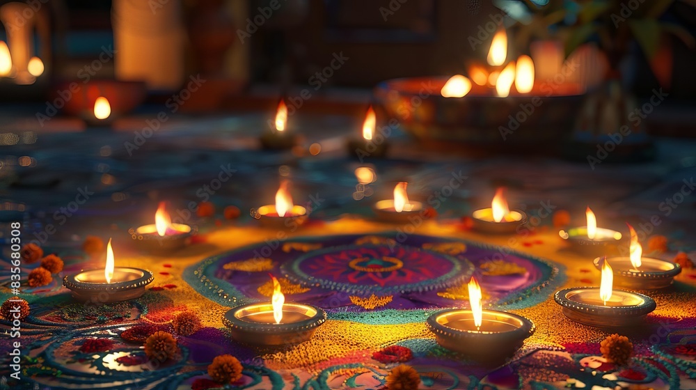 Happy Diwali celebration, panoramic shot of Diya oil lamps illuminating a colorful, detailed rangoli Happy Diwali celebration, panoramic shot of Diya oil lamps illuminating a colorful, detailed rangoli
