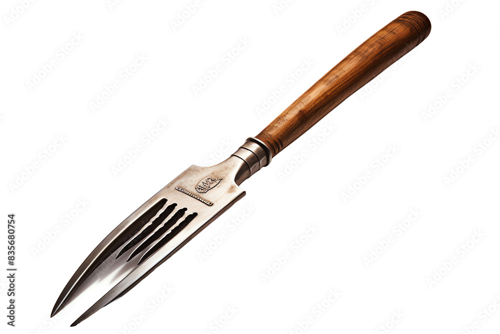 Fototapeta premium Elegant stainless steel and wood kitchen fork with a polished finish, a perfect addition to your culinary tools and dining experience.