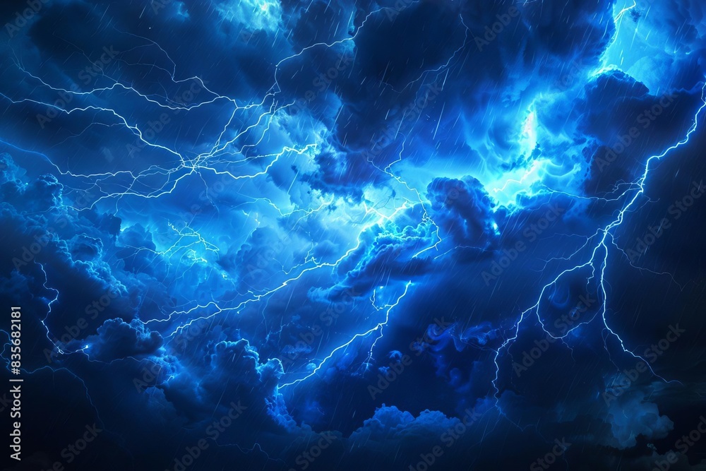 Dramatic night sky with bright blue lightning bolts illuminating dark storm clouds, creating a powerful and intense atmospheric scene. Dramatic night sky with bright blue lightning bolts illuminating dark storm clouds, creating a powerful and intense atmospheric scene.