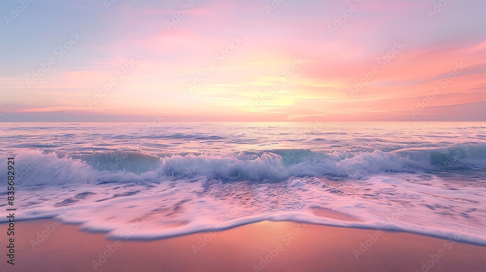 Fototapeta premium A peaceful sunset over a calm sea with soft waves gently lapping at the shore, the sky painted in gradients of pink, lavender, and peach, creating a serene and calming end to the day