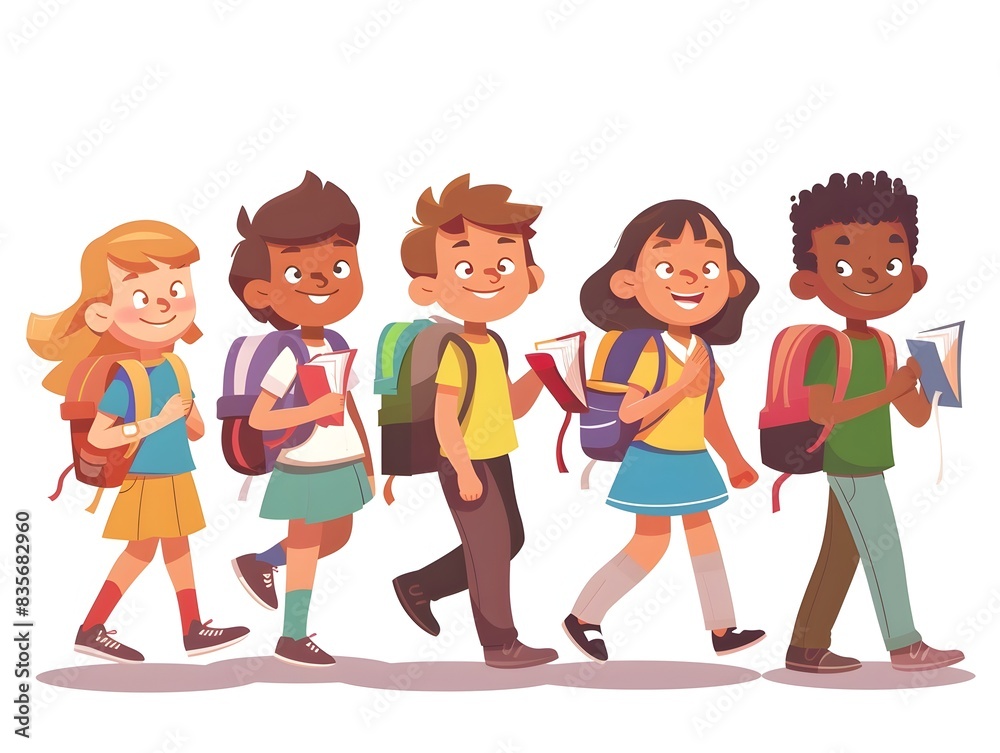 Diverse Group of Schoolchildren Walking Together with Backpacks Diverse Group of Schoolchildren Walking Together with Backpacks